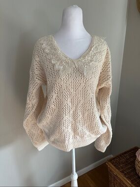 VINTAGE David Brett Lace-Trim Collar Open Knit V-Neck Sweater in Cream